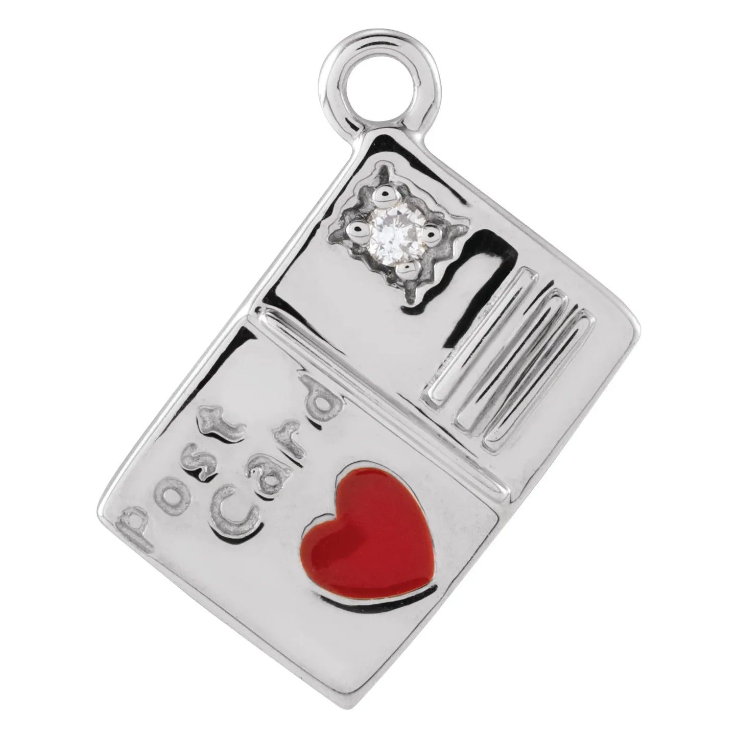 14K .008 CT Natural Diamond Red Heart Enamel Postcard Dangle