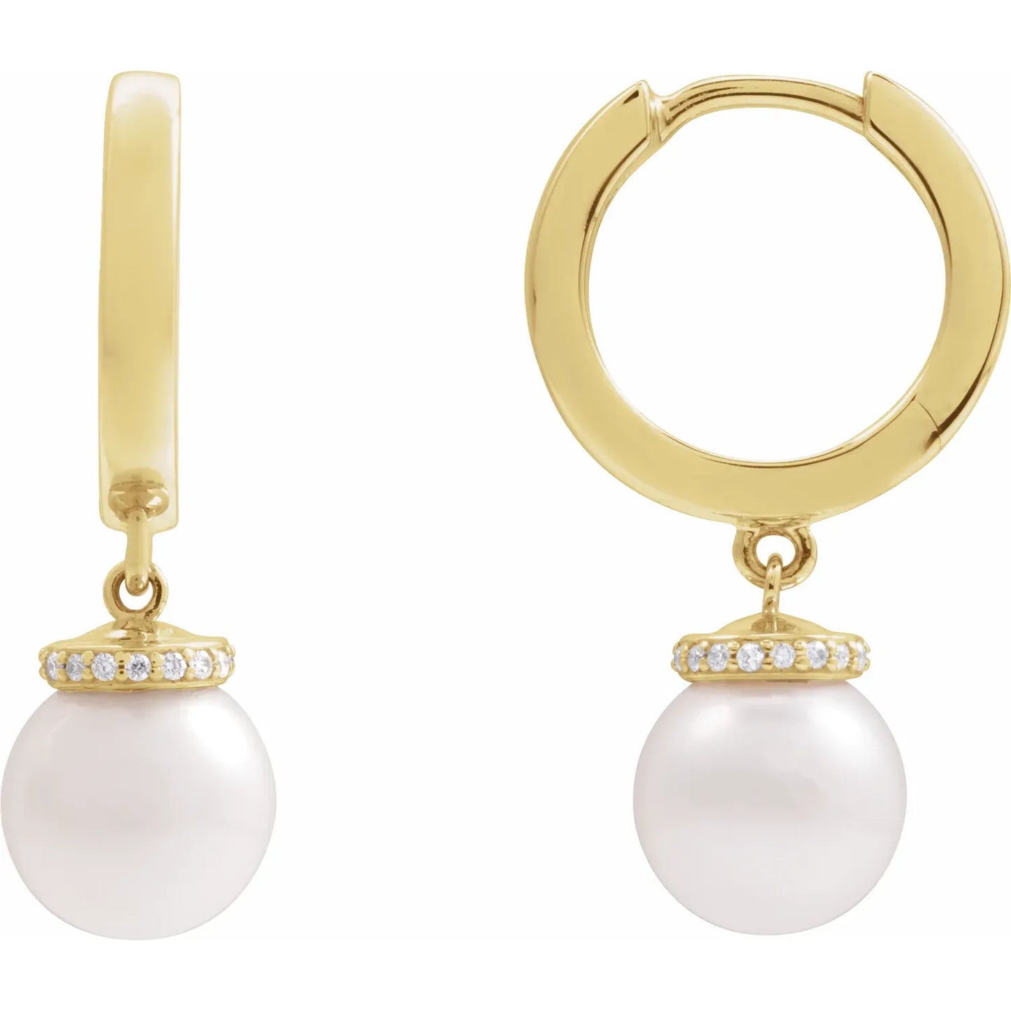 14K Cultured White Akoya Pearl & .07 CTW Natural Diamond Hinged 14.2 mm Hoop Earrings