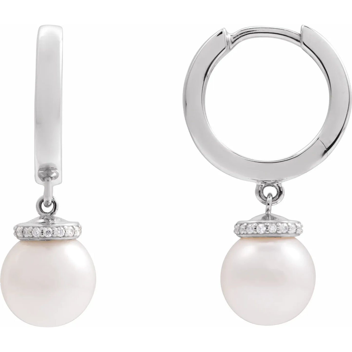 14K Cultured White Akoya Pearl & .07 CTW Natural Diamond Hinged 14.2 mm Hoop Earrings