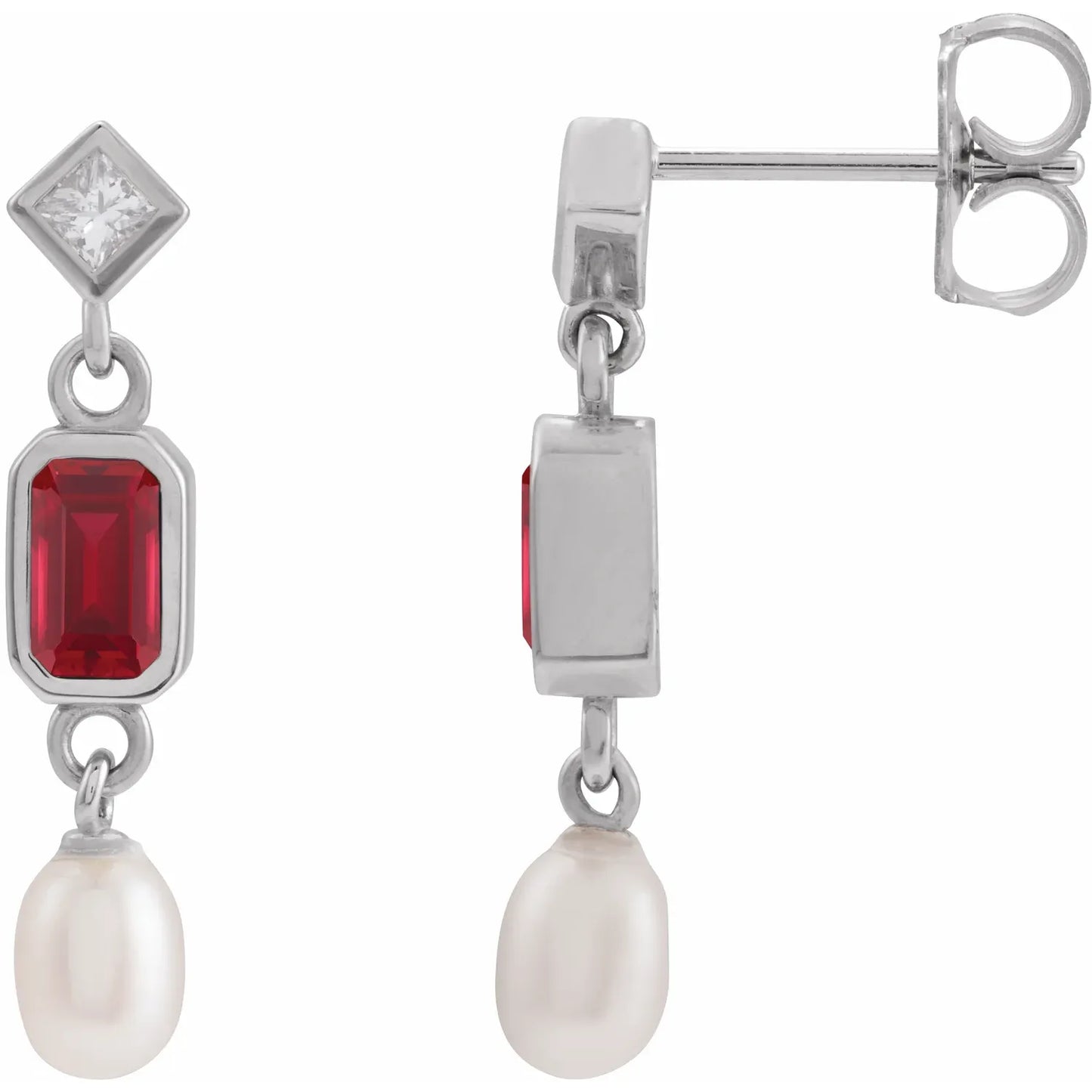 14K Lab-Grown Gemstone, Cultured White Akoya Pearl & .05 CTW Natural Diamond Earrings