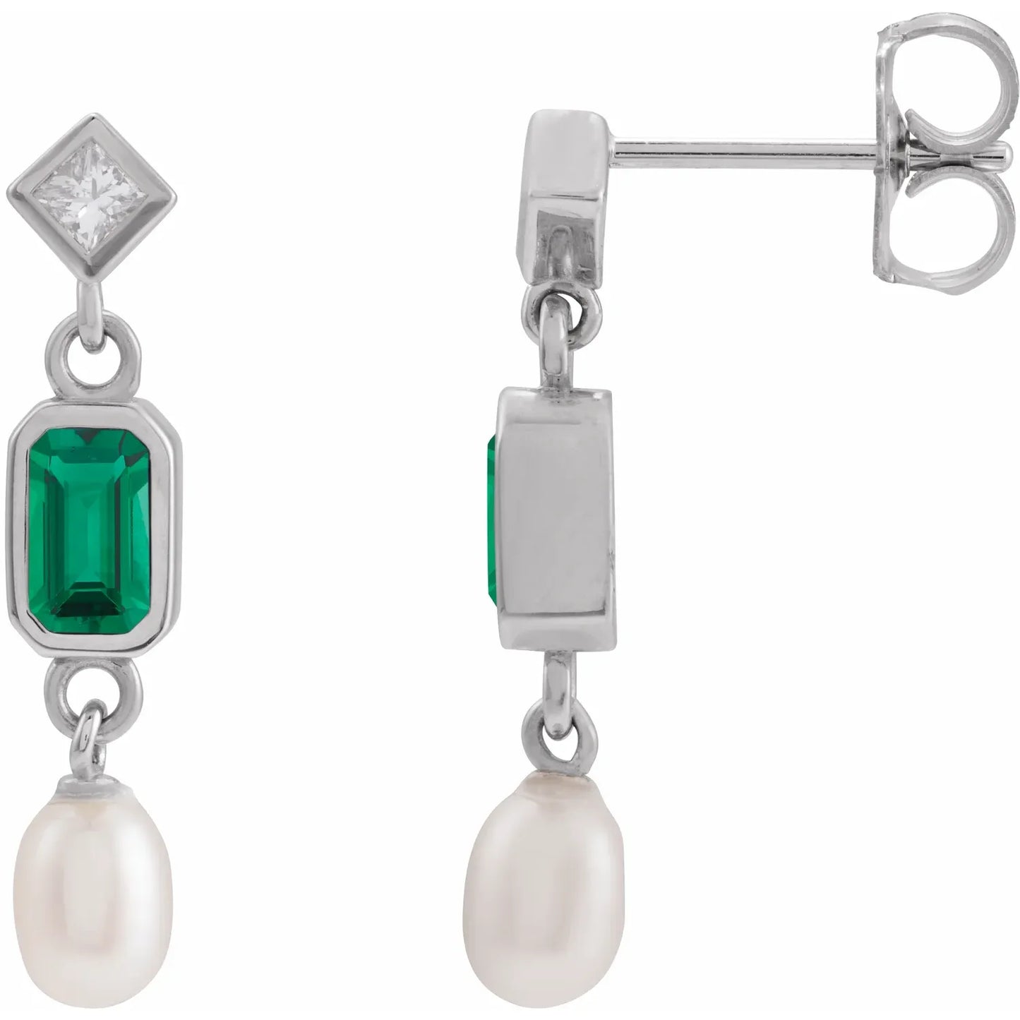 14K Lab-Grown Gemstone, Cultured White Akoya Pearl & .05 CTW Natural Diamond Earrings