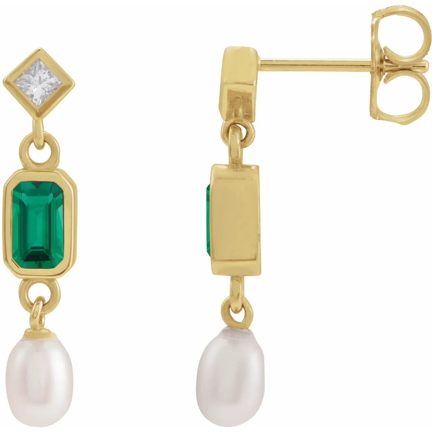 14K Lab-Grown Gemstone, Cultured White Akoya Pearl & .05 CTW Natural Diamond Earrings
