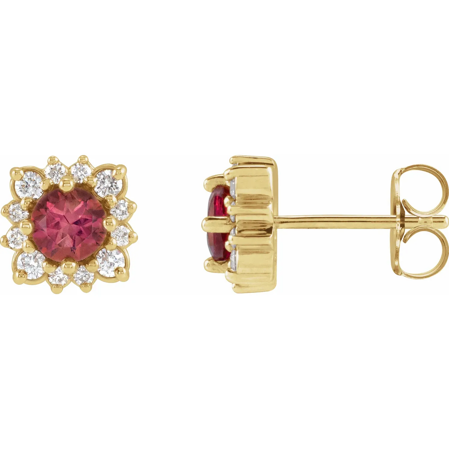 14K Yellow Natural Pink Tourmaline & 1/5 CTW Natural Diamond Halo-Style Earrings