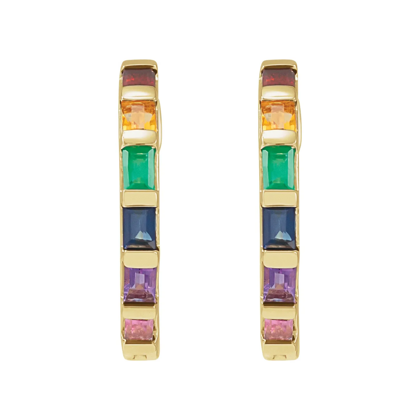 14K Yellow Natural Multi-Gemstone Rainbow Hoop Earrings