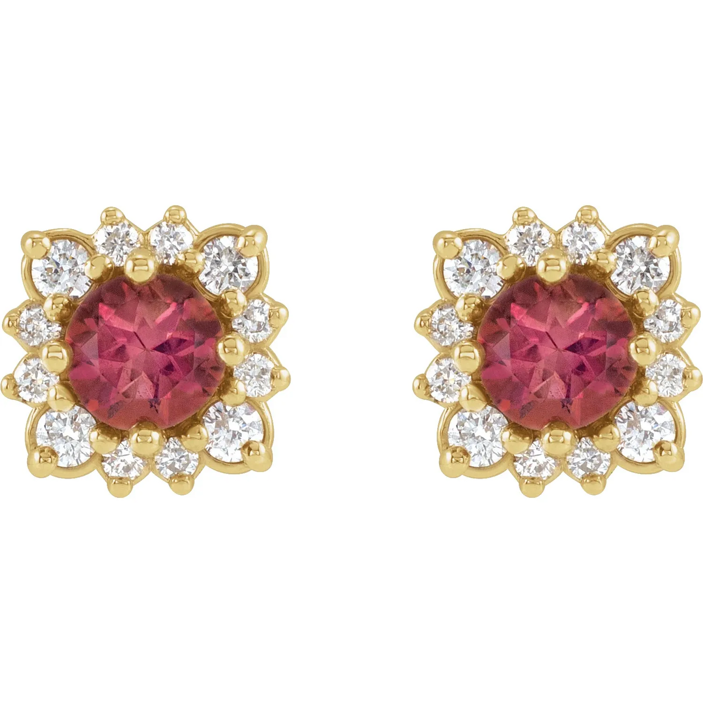 14K Yellow Natural Pink Tourmaline & 1/5 CTW Natural Diamond Halo-Style Earrings