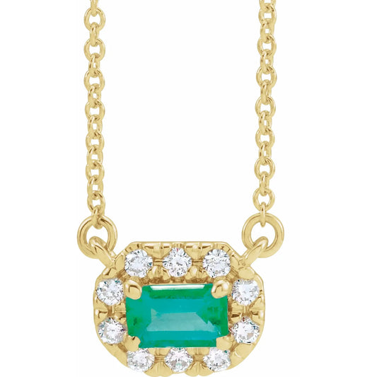 14K 5x3 mm Natural Emerald & 1/8 CTW Natural Diamond Halo-Style 18" Necklace