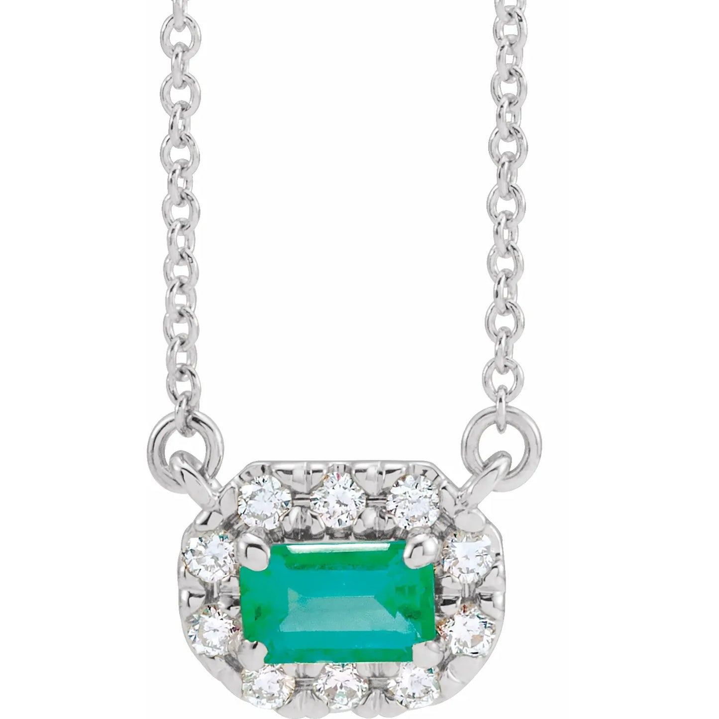 14K 5x3 mm Natural Emerald & 1/8 CTW Natural Diamond Halo-Style 18" Necklace