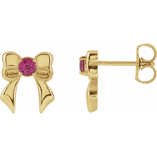14K Yellow Natural Pink Tourmaline Bow Stud Earrings