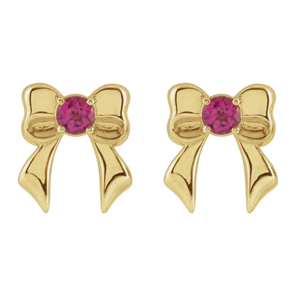 14K Yellow Natural Pink Tourmaline Bow Stud Earrings