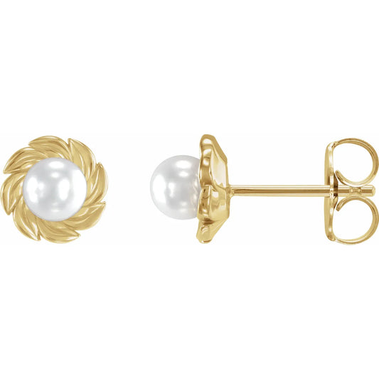 14K Cultured White Akoya Pearl Leaf Earrings