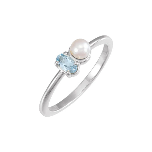 14K Natural Aquamarine & Cultured White Akoya Pearl Ring