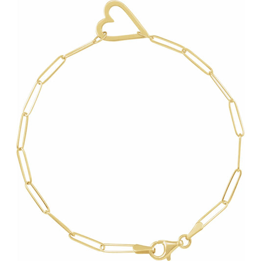 14K Heart & Paperclip-Style Chain 7" Bracelet