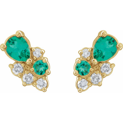 14K Lab-Grown Emerald & 1/10 CTW Lab-Grown Diamond Cluster Earrings