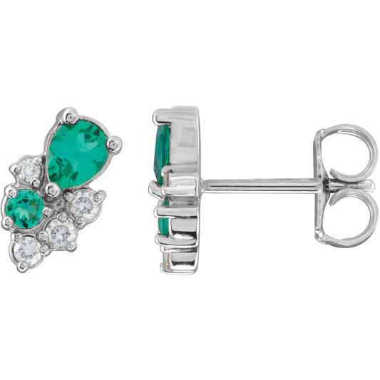 14K Lab-Grown Emerald & 1/10 CTW Lab-Grown Diamond Cluster Earrings