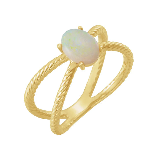 14K Yellow Natural White Opal Criss-Cross Ring