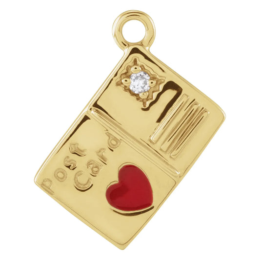 14K .008 CT Natural Diamond Red Heart Enamel Postcard Dangle