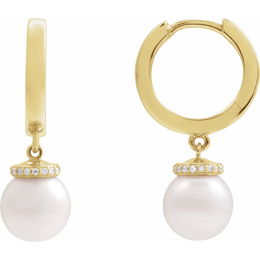 14K Cultured White Akoya Pearl & .07 CTW Natural Diamond Hinged 14.2 mm Hoop Earrings