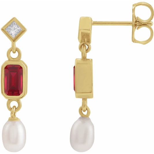 14K Lab-Grown Gemstone, Cultured White Akoya Pearl & .05 CTW Natural Diamond Earrings