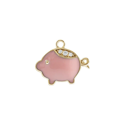 14K .02 CTW Natural Diamond Pink Enamel Pig Dangle