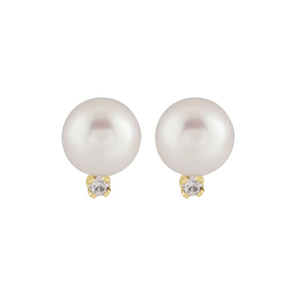 14K Yellow Cultured White Akoya Pearl & .02 CTW Natural Diamond Earrings