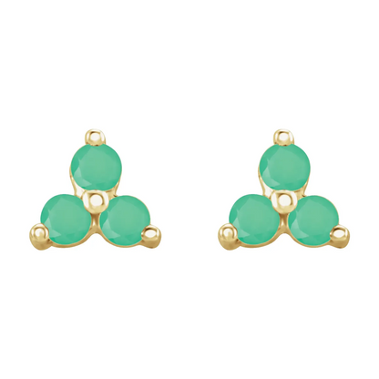 14K Yellow Natural Chrysoprase Three Stone Earrings