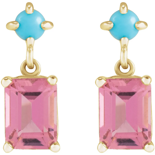14K Yellow Natural Pink Tourmaline & Natural Turquoise Earrings