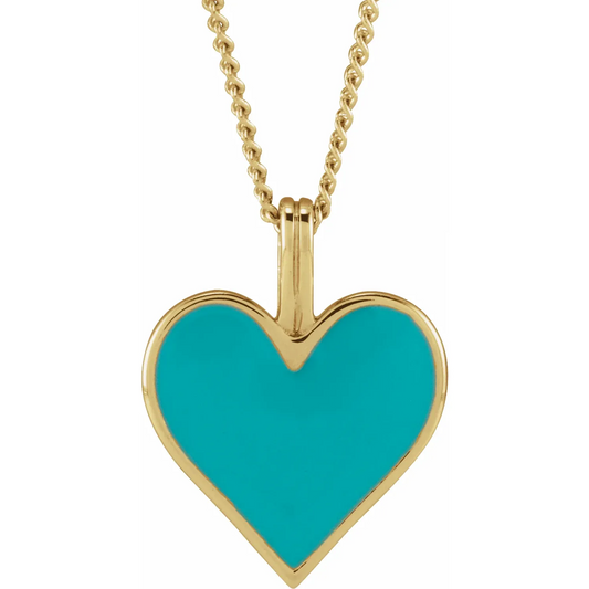 14K Yellow Light Turquoise Enamel Heart 18" Necklace