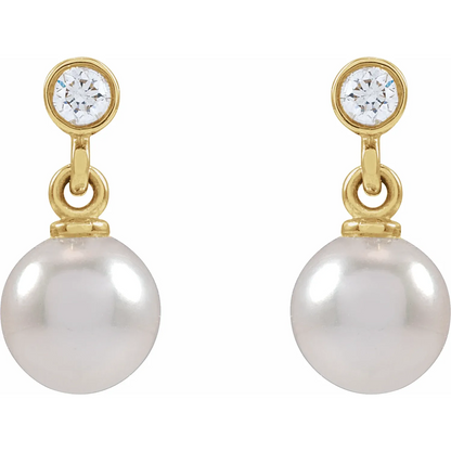 14K Yellow Cultured White Akoya Pearl & .06 CTW Natural Diamond Earrings
