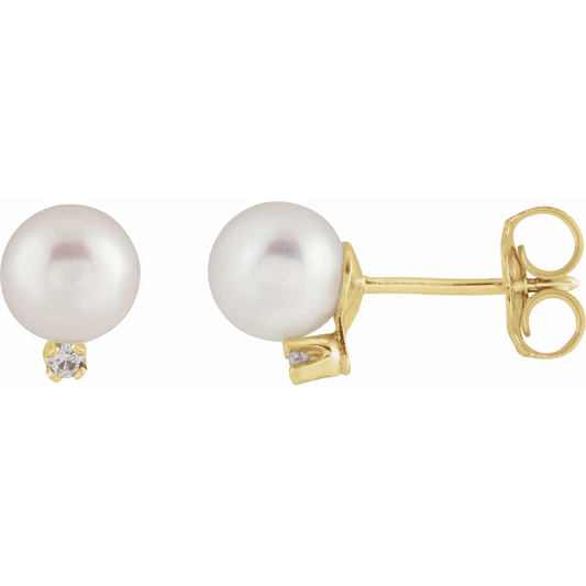 14K Yellow Cultured White Akoya Pearl & .02 CTW Natural Diamond Earrings