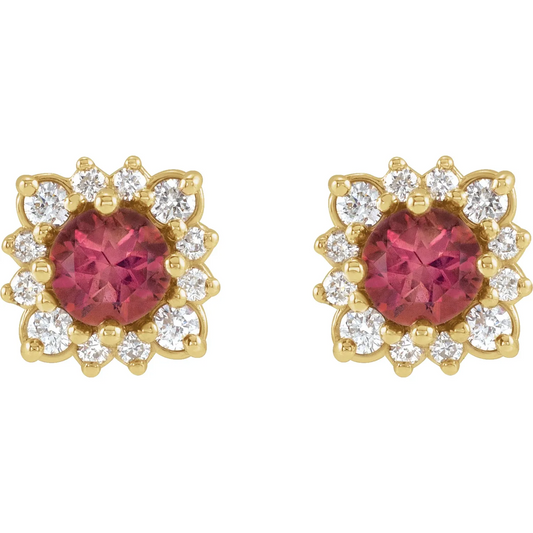 14K Yellow Natural Pink Tourmaline & 1/5 CTW Natural Diamond Halo-Style Earrings