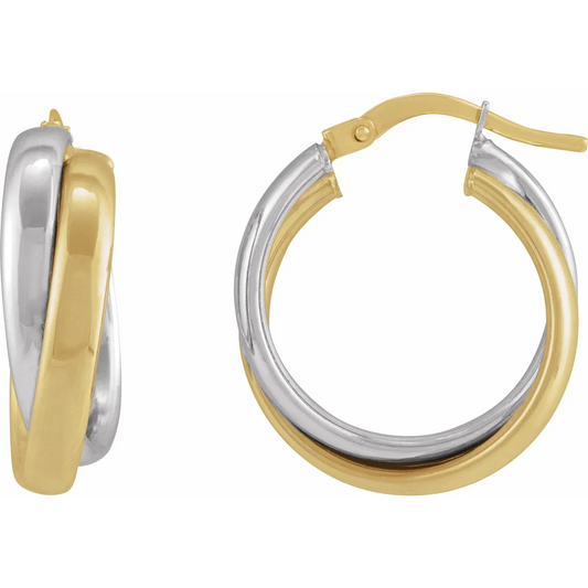 14K Yellow/White Double Tube 15 mm Hoop Earrings
