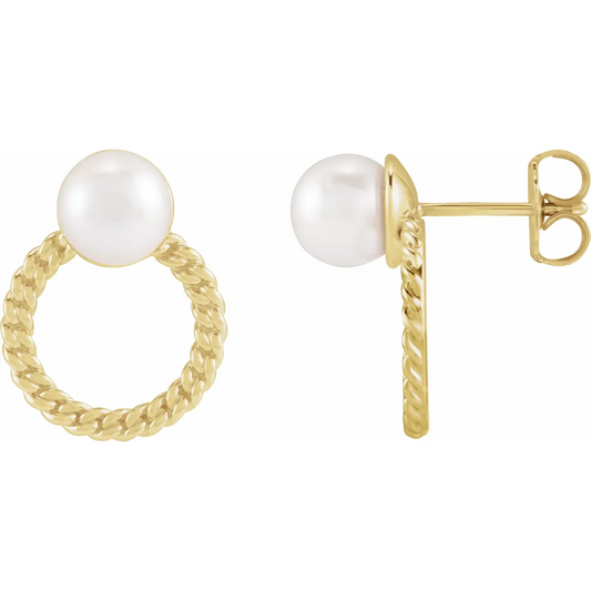 14K Cultured White Akoya Pearl & Curb Chain Earrings