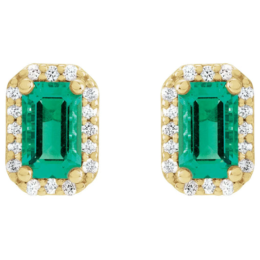 14K Lab-Grown Emerald & .07 CTW Natural Diamond Halo-Style Earrings