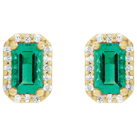 14K Lab-Grown Emerald & .07 CTW Natural Diamond Halo-Style Earrings