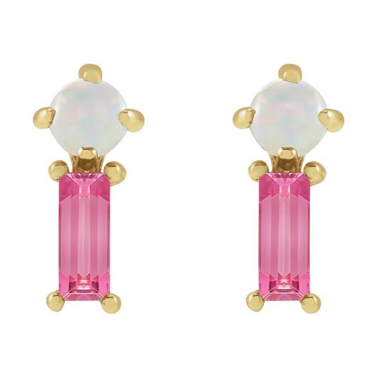 14K Yellow Natural White Opal & Natural Pink Tourmaline Earrings