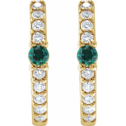 14K Yellow Natural Emerald & 1/8 CTW Natural Diamond 13.6 mm Hoop Earring