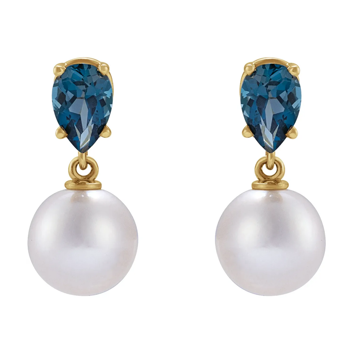 14K Yellow Cultured White Akoya Pearl & Natural London Blue Earrings