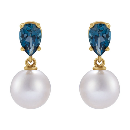 14K Yellow Cultured White Akoya Pearl & Natural London Blue Earrings