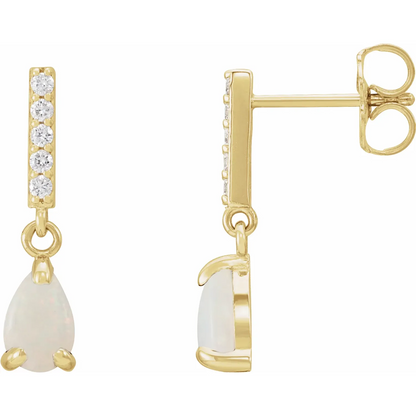 14K Yellow Natural White Opal & .08 CTW Natural Diamond Earrings