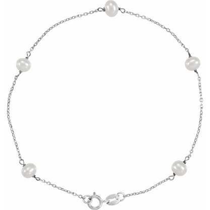 14K Cultured White Freshwater Pearl 5-Station 7" Bracelet