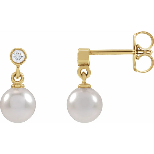 14K Yellow Cultured White Akoya Pearl & .06 CTW Natural Diamond Earrings