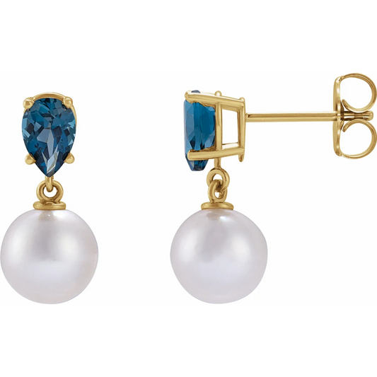 14K Yellow Cultured White Akoya Pearl & Natural London Blue Earrings