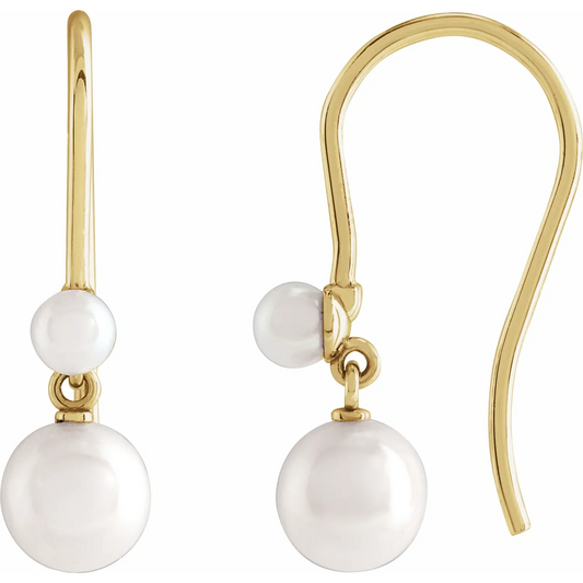14K Yellow Cultured White Pearl Earrings