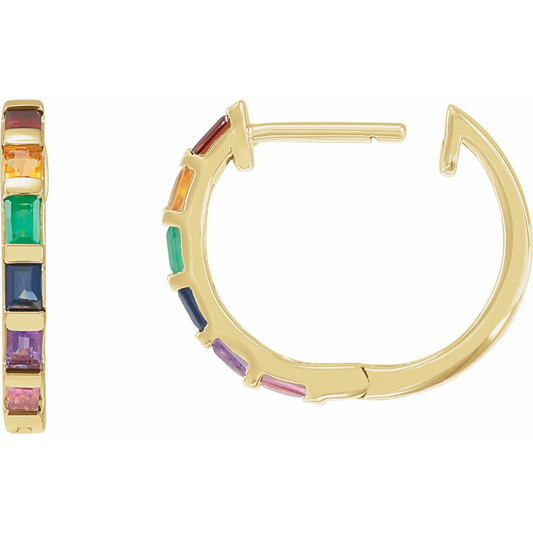 14K Yellow Natural Multi-Gemstone Rainbow Hoop Earrings