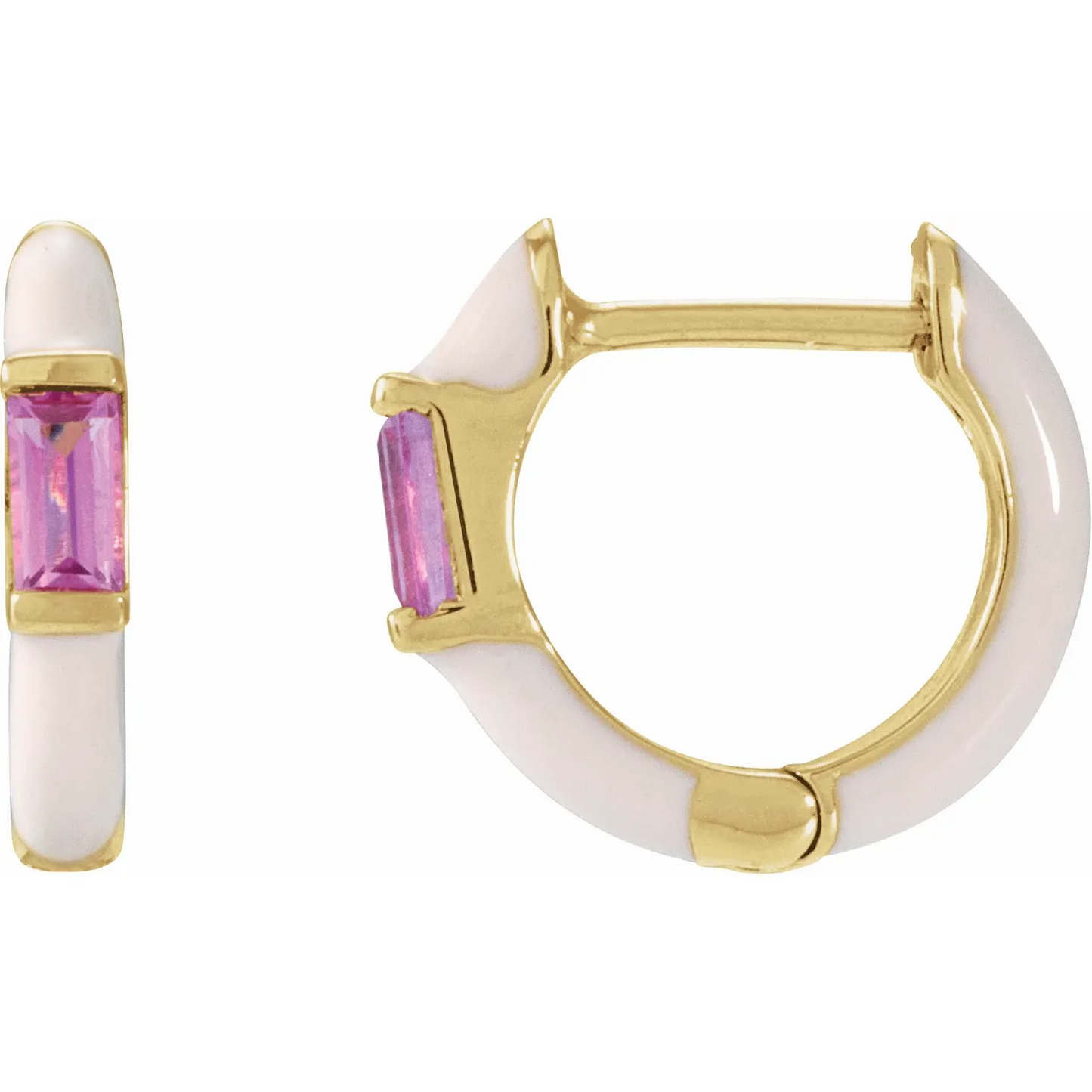 14K Yellow Natural Pink Tourmaline & Pink Enamel Hinged 11 mm Hoop Earrings