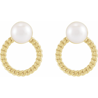 14K Cultured White Akoya Pearl & Curb Chain Earrings